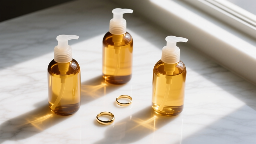 Overhead flat lay of amber glass bottles, liquid castile soap, and polished gold rings resting on a bright white marble surface