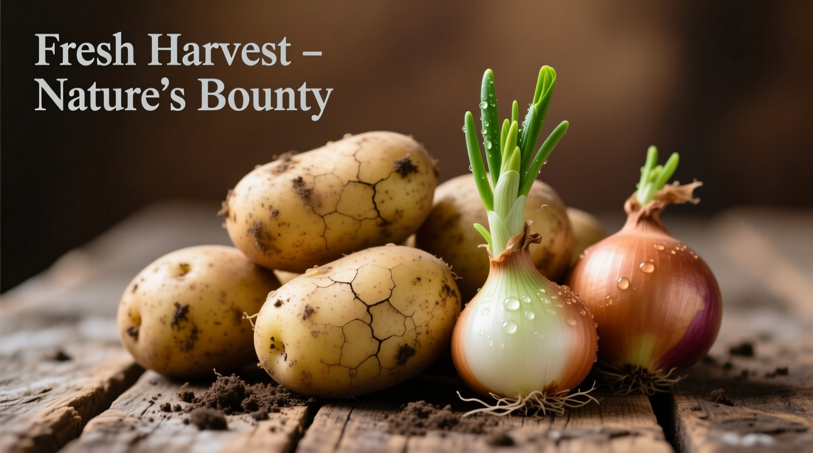 Fresh potato onions with papery skin and green shoots