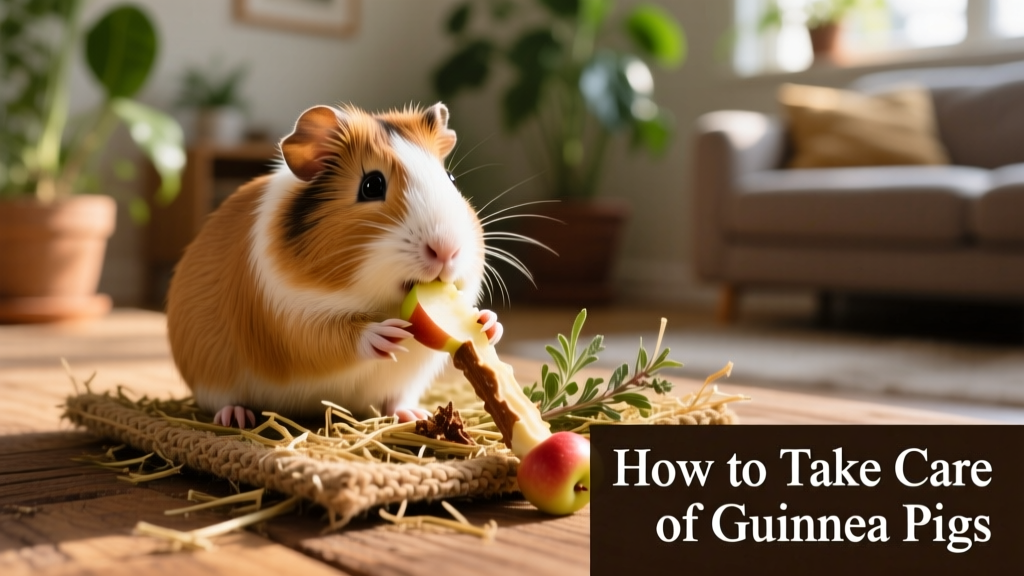 Guinea pig interacting with a forage mat and apple stick chew toy