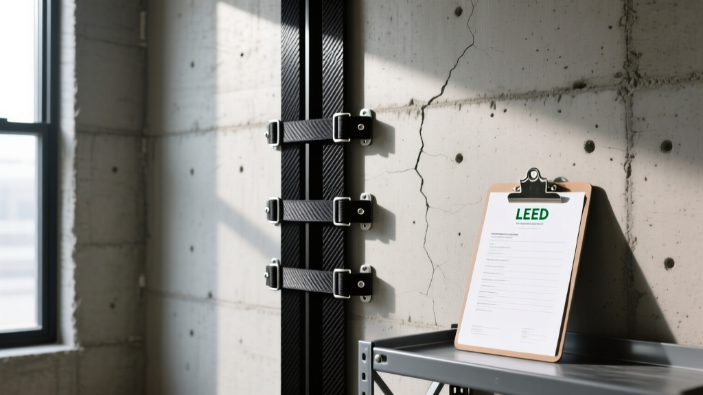Black carbon fiber foundation repair straps installed vertically on a basement concrete wall beside a LEED certification checklist clipboard