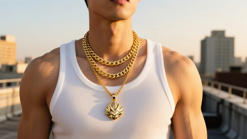 Male model wearing layered 5mm gold Cuban chain with a Goku pendant over a white ribbed tank top, low angle in natural sunlight.
