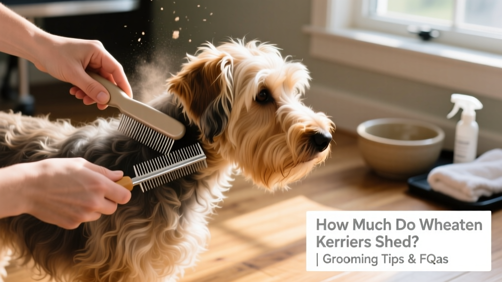 Close-up of hands brushing a Wheaten Terrier’s soft, wavy coat with a slicker brush and metal comb