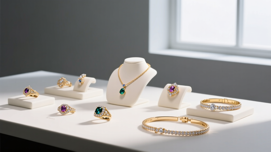 A neatly organized jeweler's tray displaying various necklace link styles including rolo, figaro, and snake chains with gauge tags.