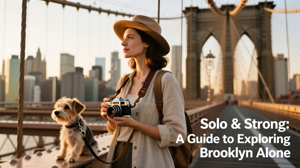 A view of the Brooklyn Bridge with a solo female traveler in the foreground holding an old camera