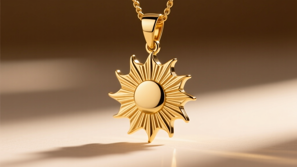 Side profile of a solid 14k gold sun pendant showing 2.5 micron thickness and intricate ray engraving against a blurred background