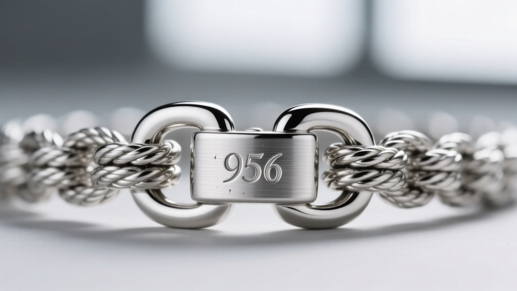 Extreme close-up of a platinum 950 rope chain clasp, showing the laser-stamped hallmark and polished metal grain structure