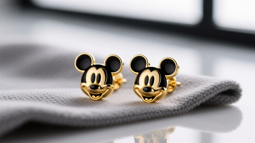 Macro shot of 14k gold Mickey Mouse stud earrings with black enamel on a gray microfiber cloth, soft studio lighting.
