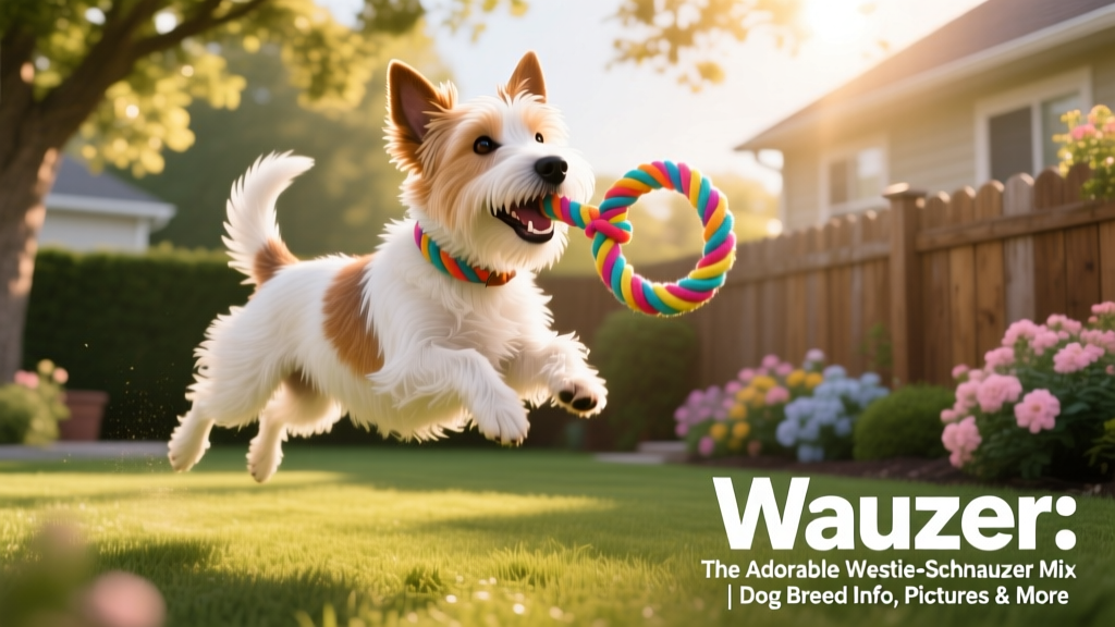 A Wauzer mid-play with a colorful rope toy in a sunlit backyard, tail wagging energetically