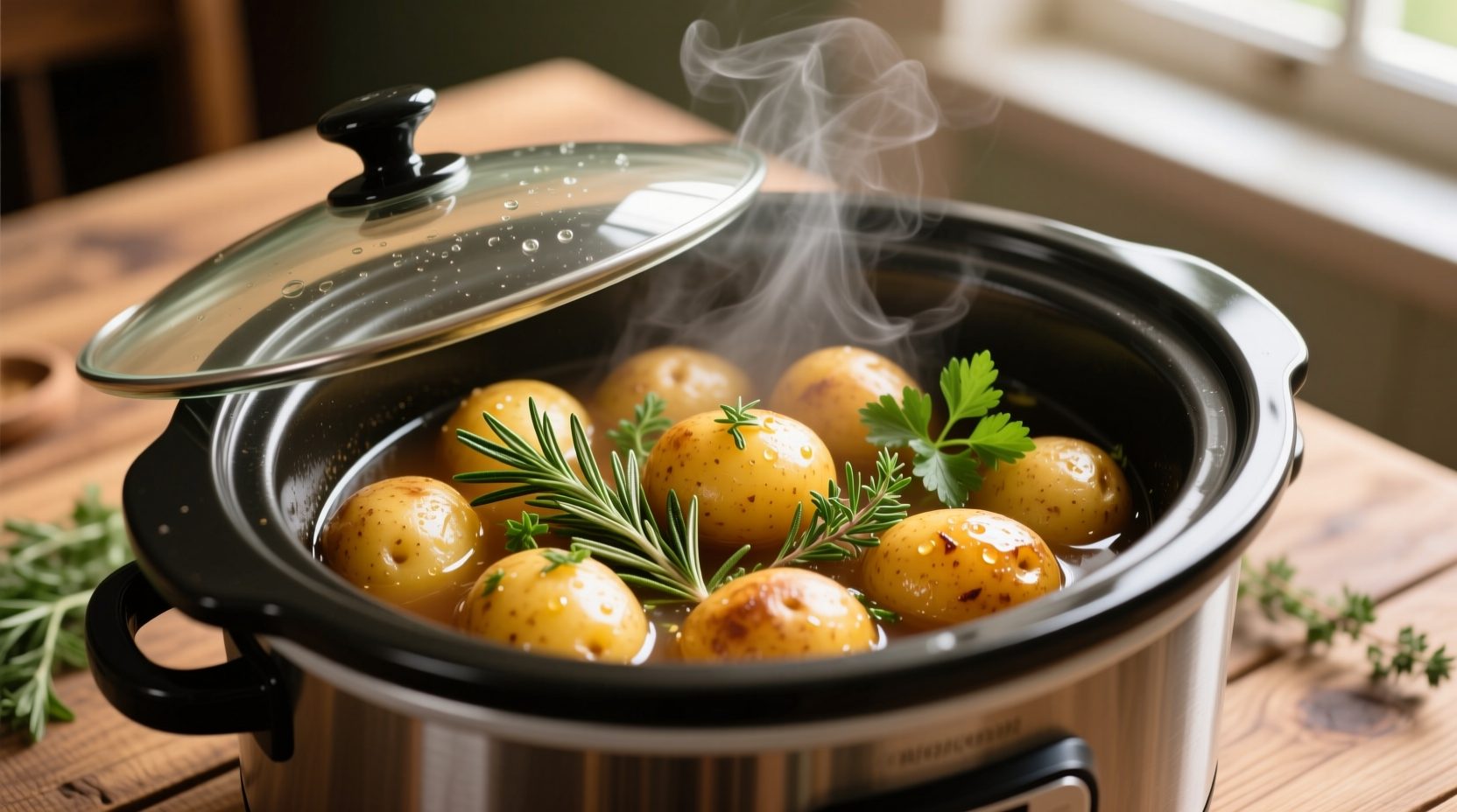 Slow cooker filled with golden potatoes and fresh herbs