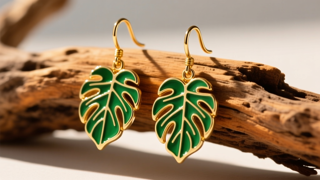 Vibrant 14k gold vermeil monstera leaf drop earrings with green cold enamel detailing, displayed on a sunlit piece of driftwood.