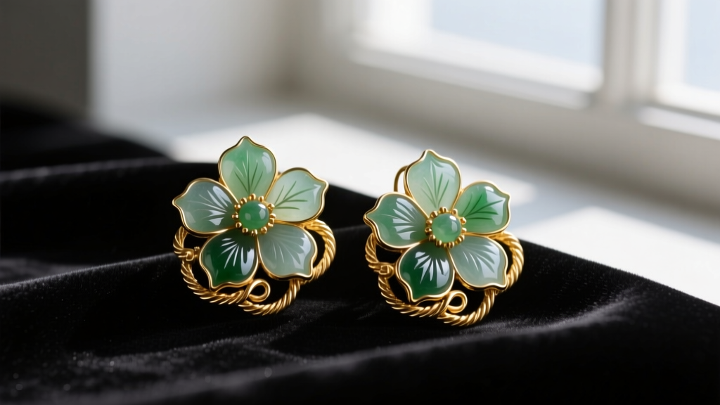 Vintage Swoboda floral earrings with carved jade petals and thick gold-plated brass wire wrapping resting on dark velvet fabric.