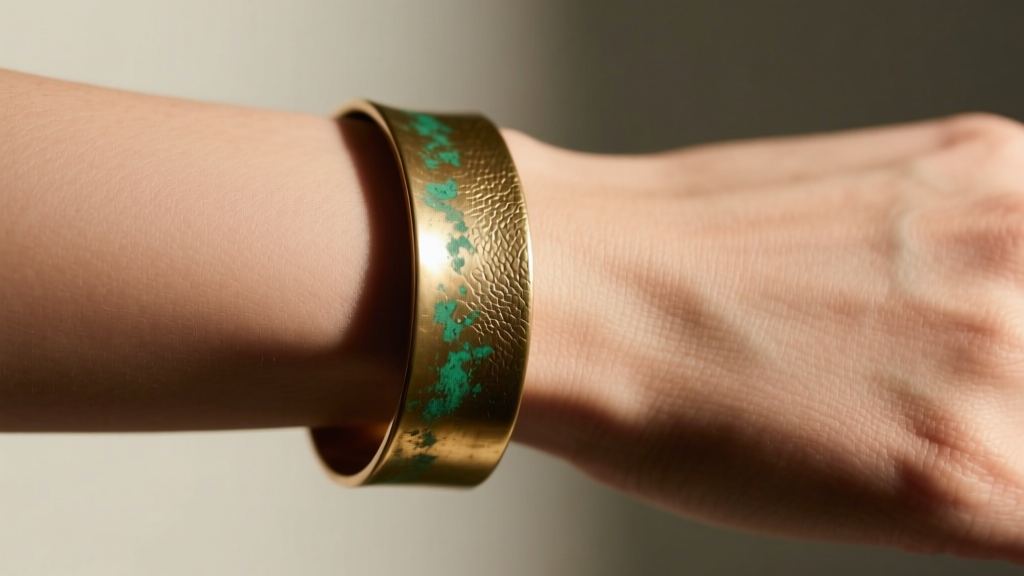 Close-up of a wrist wearing a wide raw brass cuff bracelet, showing a faint greenish tint on the skin beneath, warm studio lighting