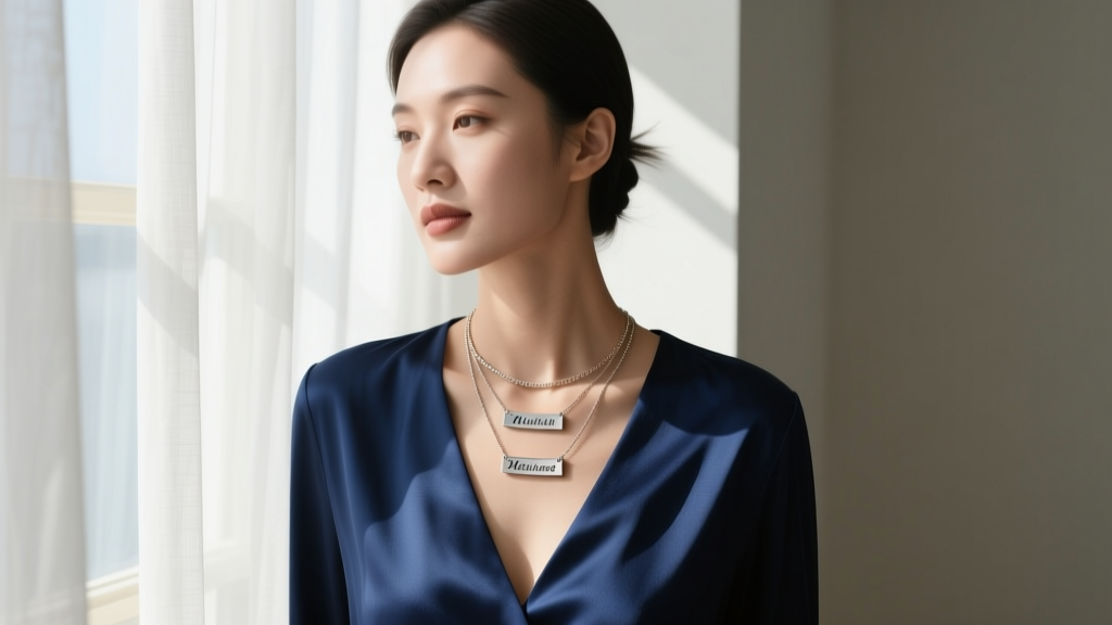 Woman wearing a layered double name necklace with a delicate 1.2mm box chain over a deep V-neck silk blouse, natural window light.
