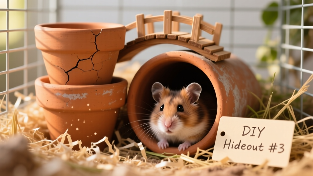 Two stacked terracotta pots forming a cozy, earthy hideout inside a hamster enclosure