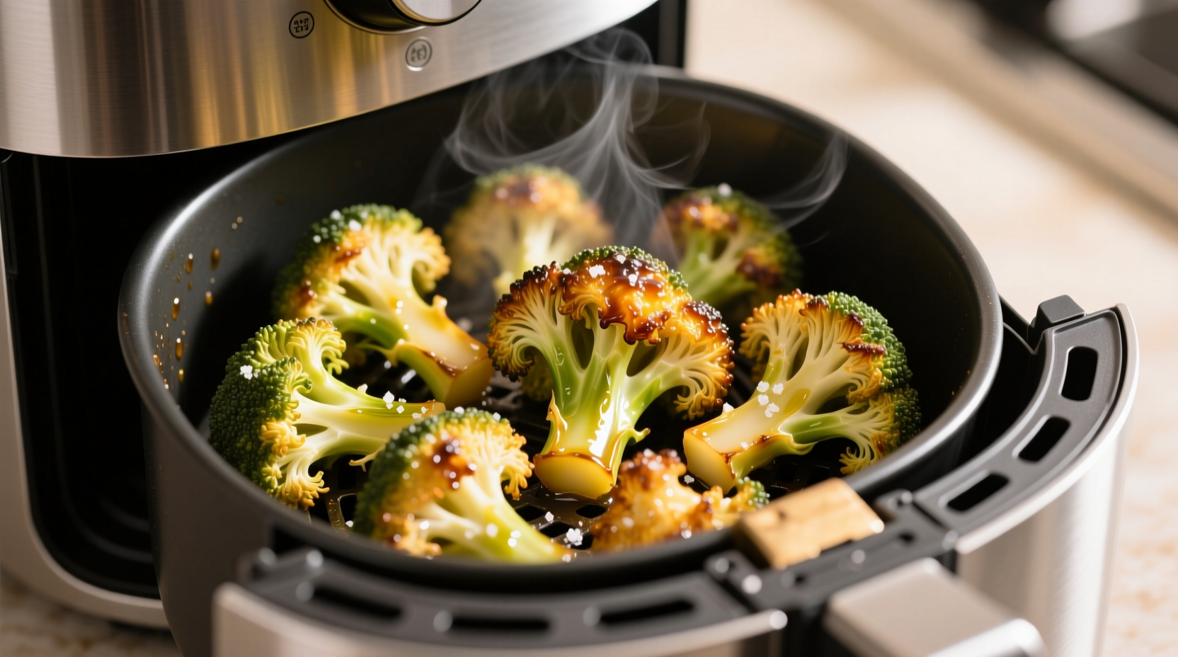 Crispy golden broccoli florets in air fryer basket