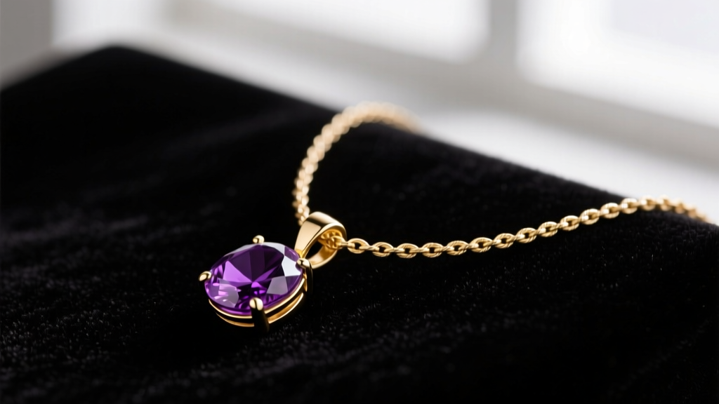 Macro shot of 14k gold lavaliere necklace with amethyst pendant on velvet, focusing on delicate cable chain and small metal bail.