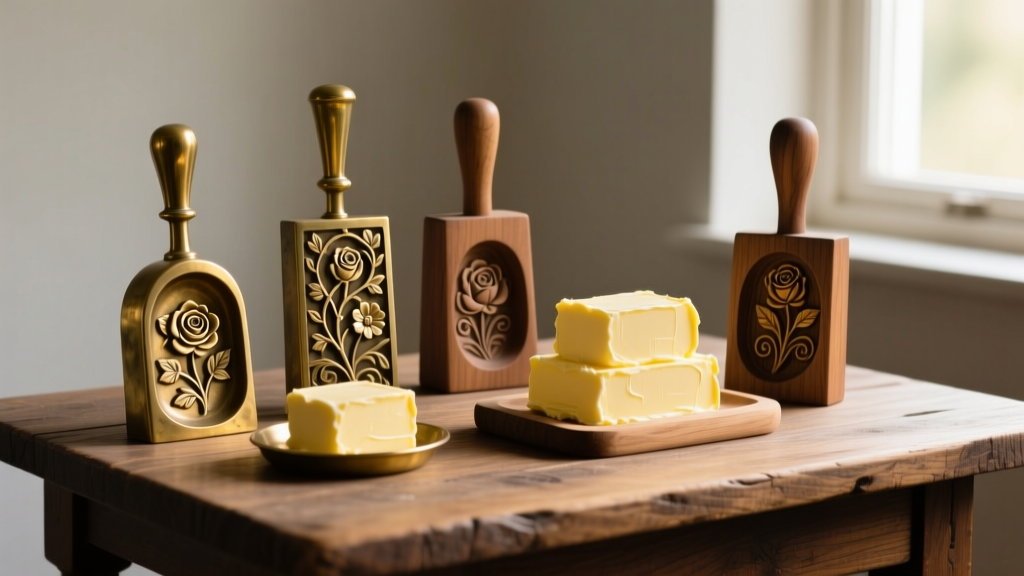 Antique brass and wood butter molds carved with intricate floral patterns displayed next to freshly churned butter blocks on a wooden table