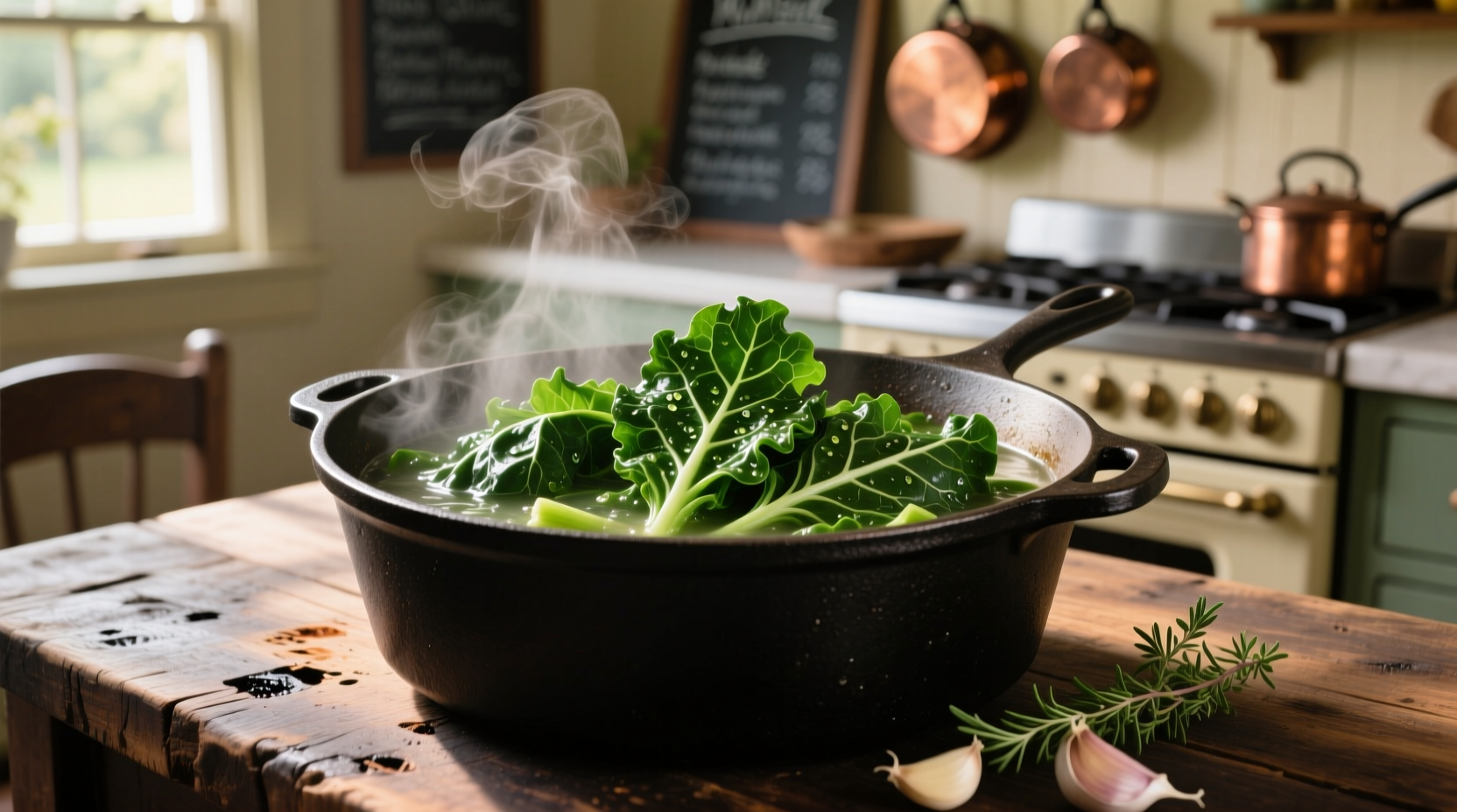 Freshly cooked collard greens in cast iron pot