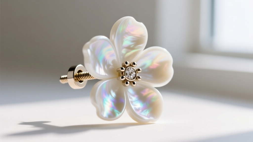 Macro shot of a heavy white mother-of-pearl floral earring featuring a secure screw-back mechanism and a thick 16-gauge post.