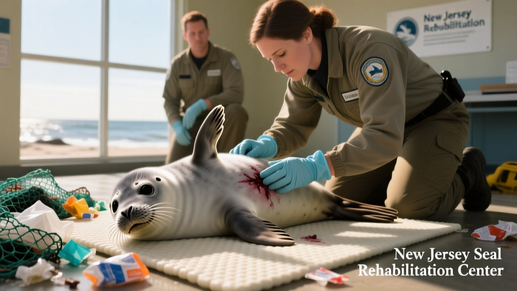 Marine mammal rescue team gently examining the seal pup at their rehabilitation center