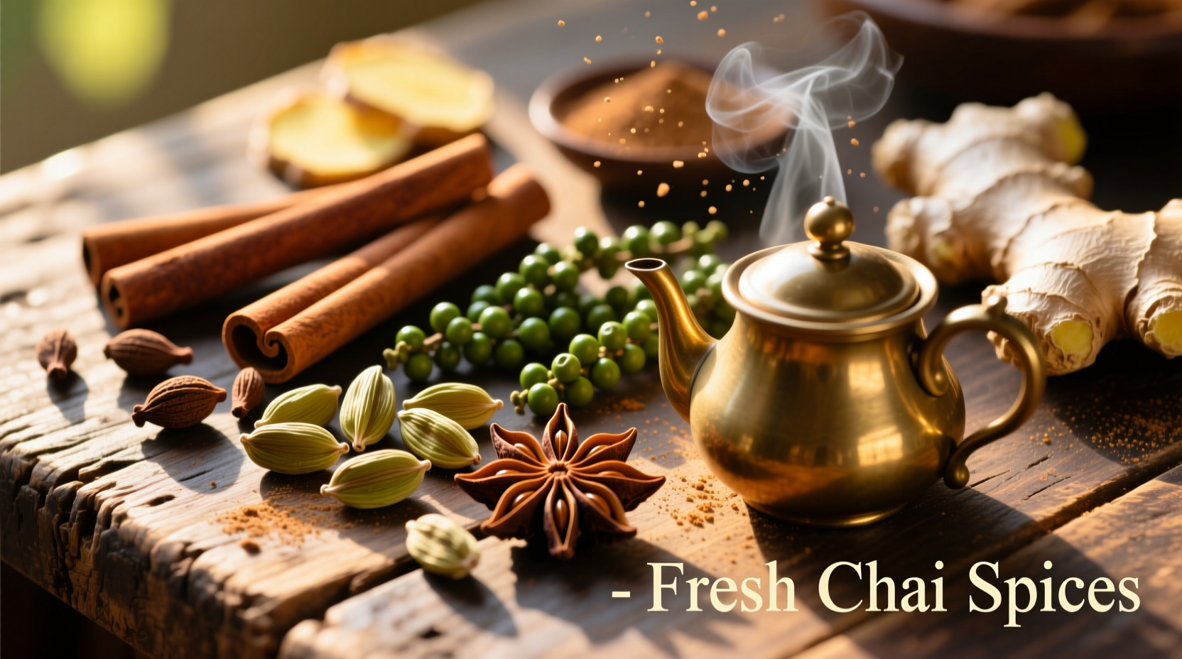 Fresh chai spices ingredients on wooden table