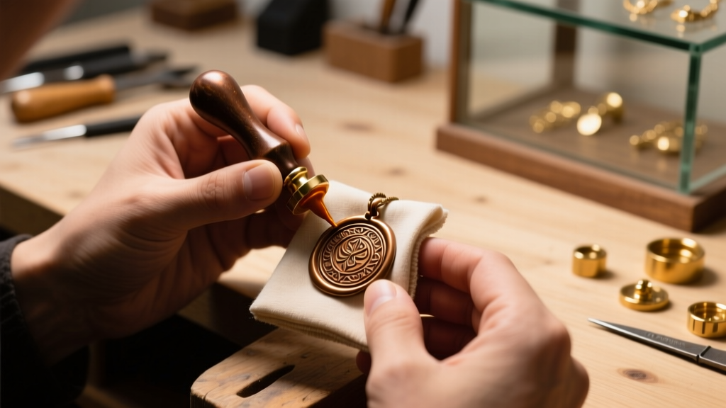 Hands applying wax sealant to a bronze pendant with a soft cloth under warm directional studio lighting inside a jewelry workshop.