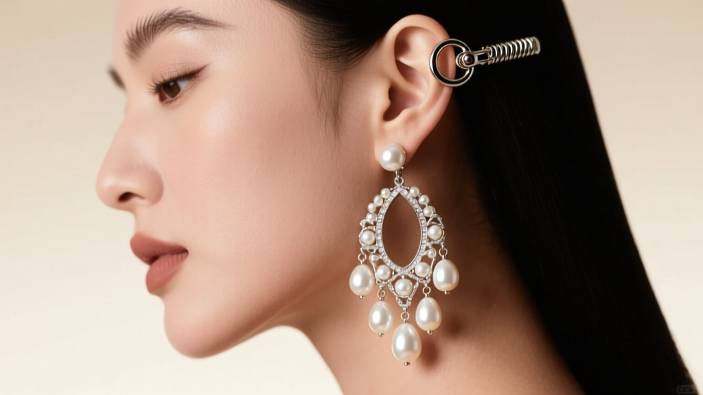 Side profile of woman wearing heavy pearl chandelier earrings, showcasing an omega clip-back closure mechanism in sharp macro focus