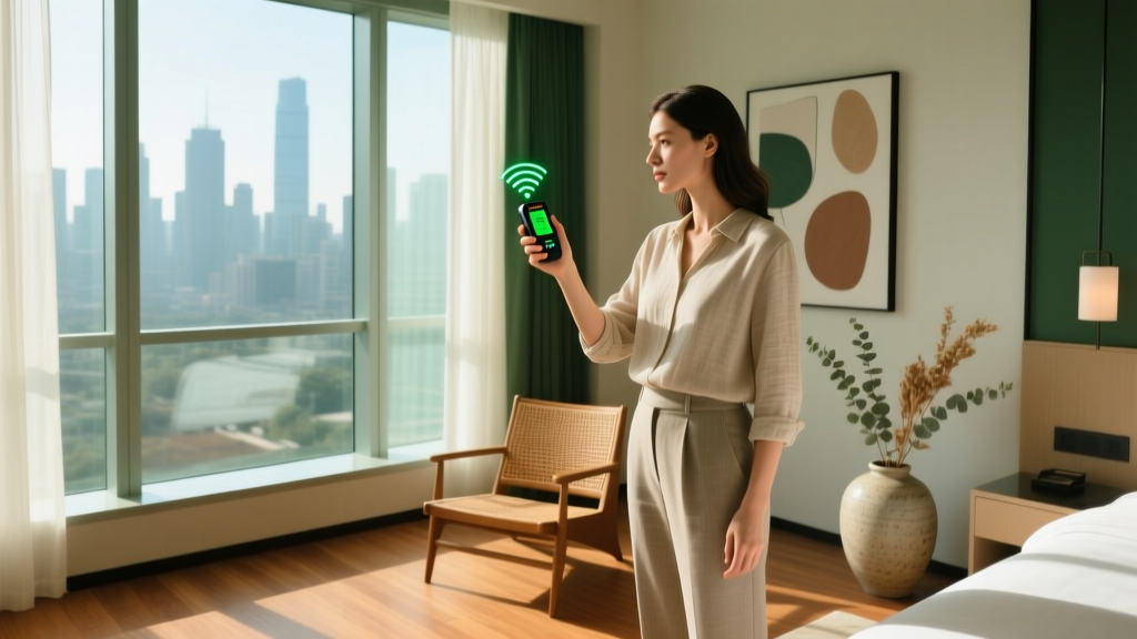 A solo female traveler in a boutique hotel using a handheld RF detector to sweep the room for hidden cameras and bugs