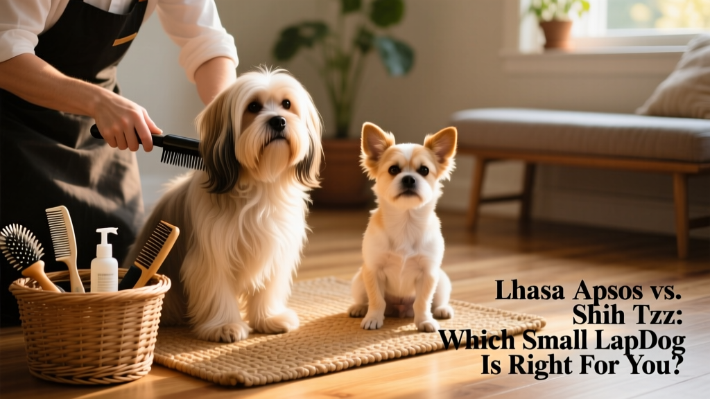 A groomer carefully brushing a Lhasa Apso’s coat while a Shih Tzu sits patiently beside a basket of grooming tools