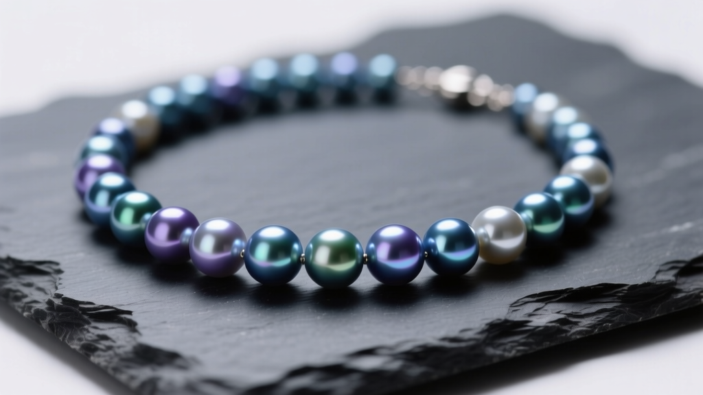 Close-up of a blue freshwater pearl necklace on dark slate, revealing iridescent overtones and smooth nacre in soft lighting