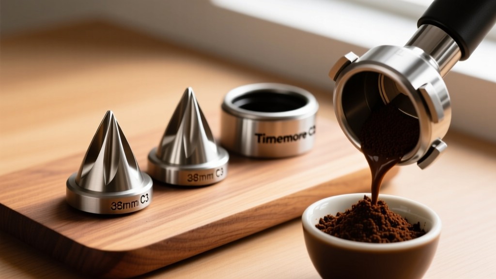 Timemore C3 manual grinder disassembled on wooden board showing 38mm stainless steel conical burrs next to freshly ground dark espresso