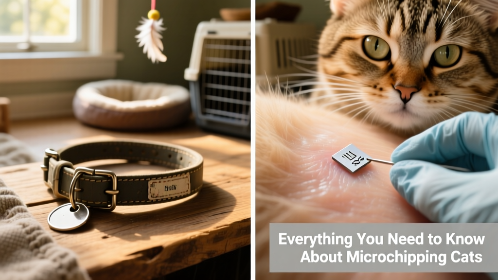 Side-by-side comparison: a traditional breakaway collar with ID tag vs. a close-up of a microchip being implanted under a cat’s skin