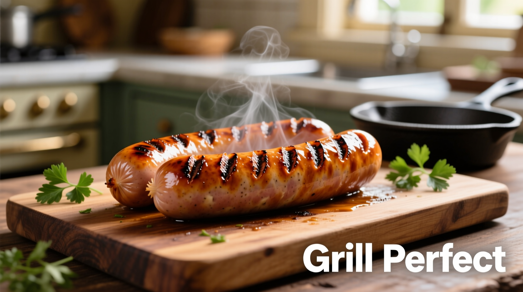Perfectly grilled bratwurst with golden brown exterior