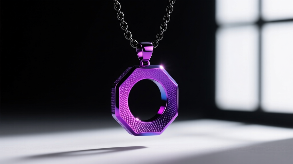 Macro shot of a Grade 5 titanium pendant with voltage-anodized neon purple finish hanging from a blackened steel rolo chain