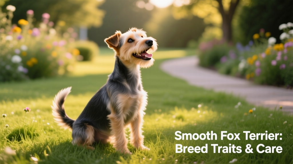 A happy smooth fox terrier sitting on lush green grass, head held high and tail wagging