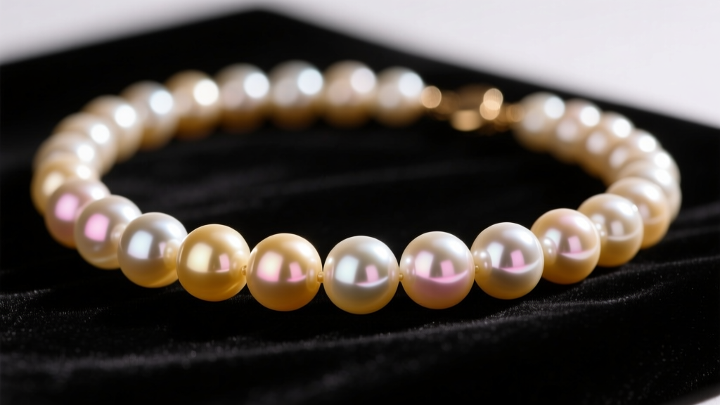 Close-up of a luxurious South Sea pearl necklace on dark velvet, highlighting sharp, mirror-like luster and rich golden overtones.
