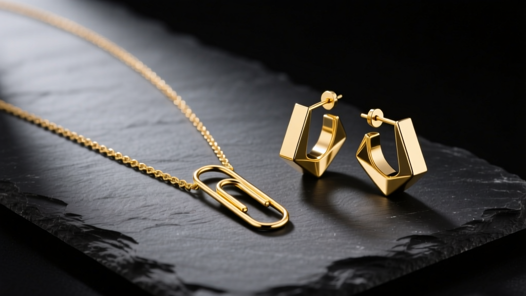 14k yellow gold paperclip necklace and matching geometric hoop earrings on dark slate, lit by soft directional studio lighting
