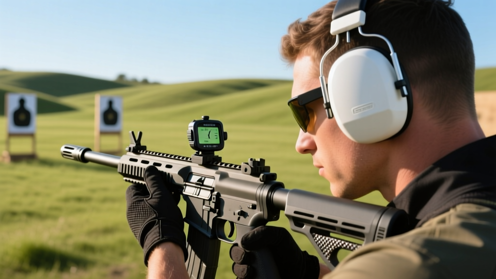Shooter at an outdoor range wearing low-profile electronic earmuffs and checking a digital chronograph mounted on his rifle barrel