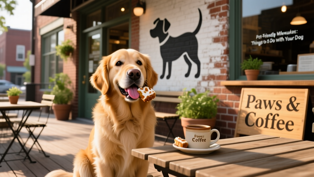 A dog enjoying a treat on the patio of a Milwaukee coffee shop