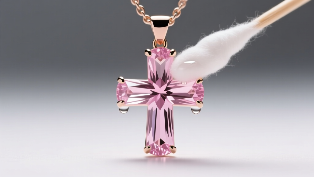 Macro photo of a pink morganite cross pendant being gently cleaned behind the stone with a cotton swab and isopropyl alcohol