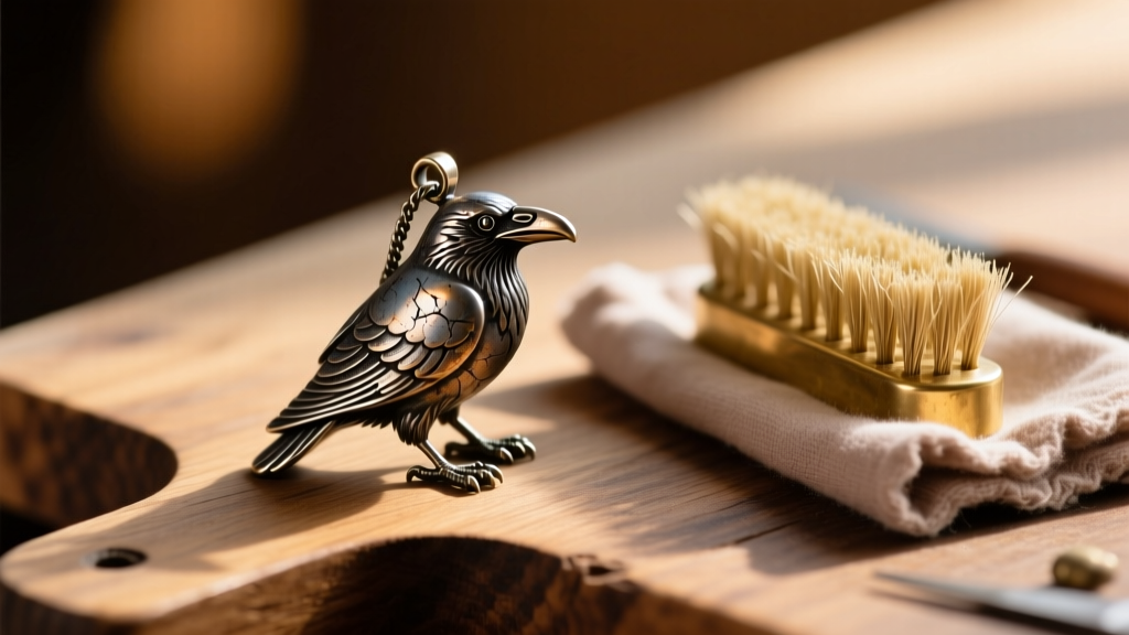 Macro shot of a tarnished zinc-alloy raven pendant next to a brass wire brush and polishing cloth on a wooden jeweler