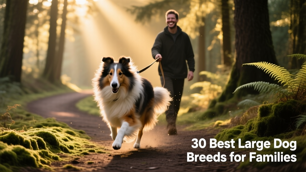 A Collie mid-stride on a forest trail, focused and energetic, leash held loosely by its smiling owner