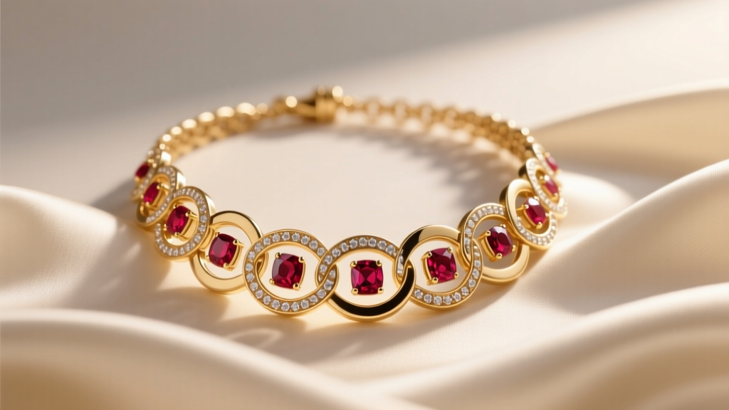 14k gold Kiam family necklace with interlocking circles and bezel-set rubies resting on cream silk in warm light.