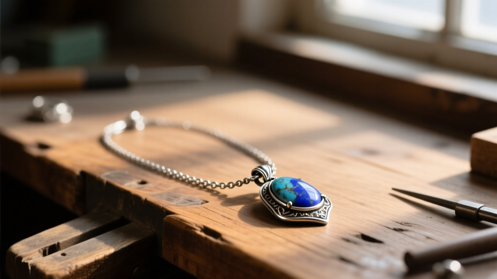 Tarnished silver necklace with a faded lapis lazuli pendant resting on a wooden jeweler workbench under warm diagnostic lighting