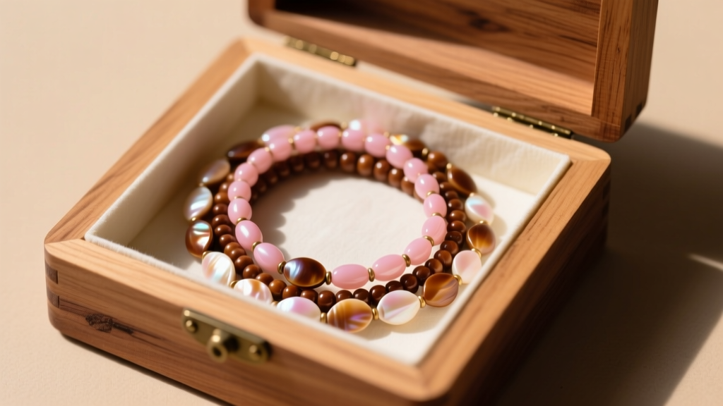 Open cedar box lined with acid-free tissue paper, safely storing a coiled, multi-strand pink and brown Niihau shell necklace.