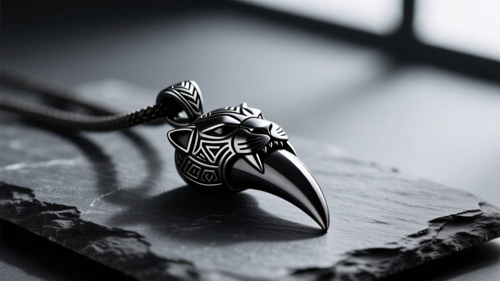 Close-up of a matte black tungsten carbide Wakanda panther tooth pendant resting on dark slate with dramatic side lighting
