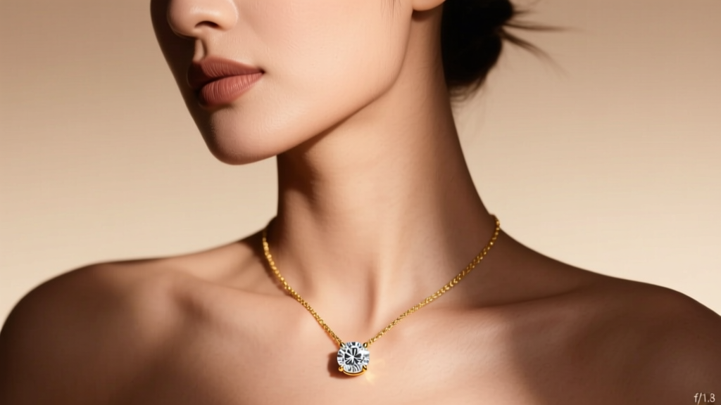 Close-up of a woman wearing an 18k gold Tanishq diamond necklace with a round solitaire pendant under warm studio lighting