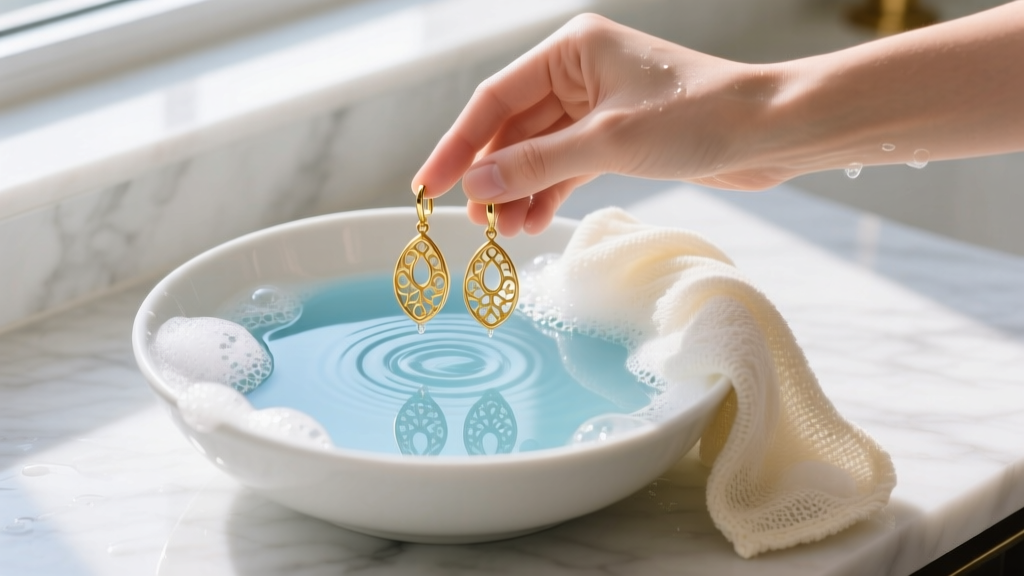 Bowl of soapy water, microfiber cloth, and gold vermeil drop earrings being carefully cleaned by hand on a white marble countertop