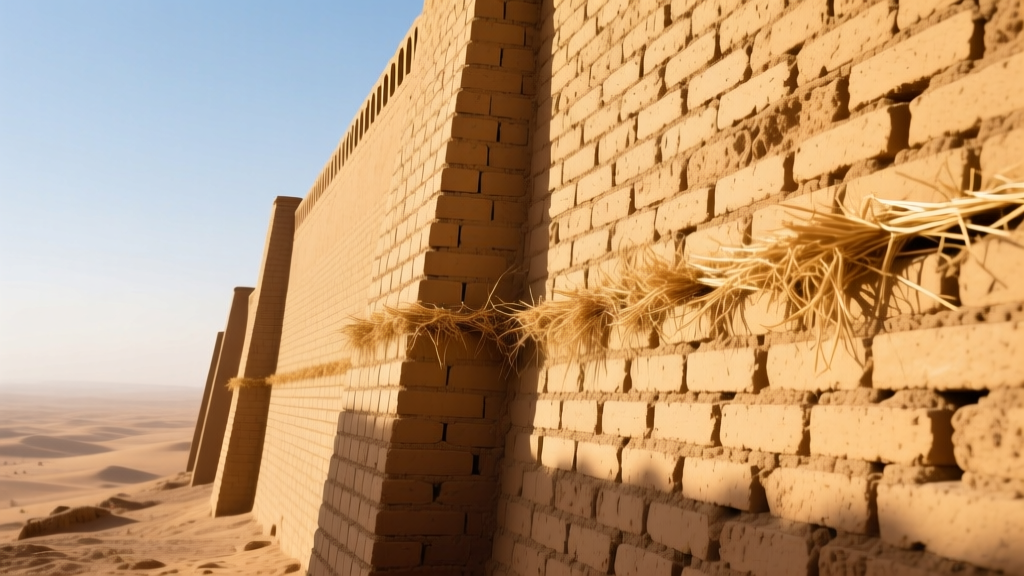 Sun-baked mudbrick wall with visible straw chaff inclusions, showcasing ancient Sumerian masonry techniques under bright desert sunlight
