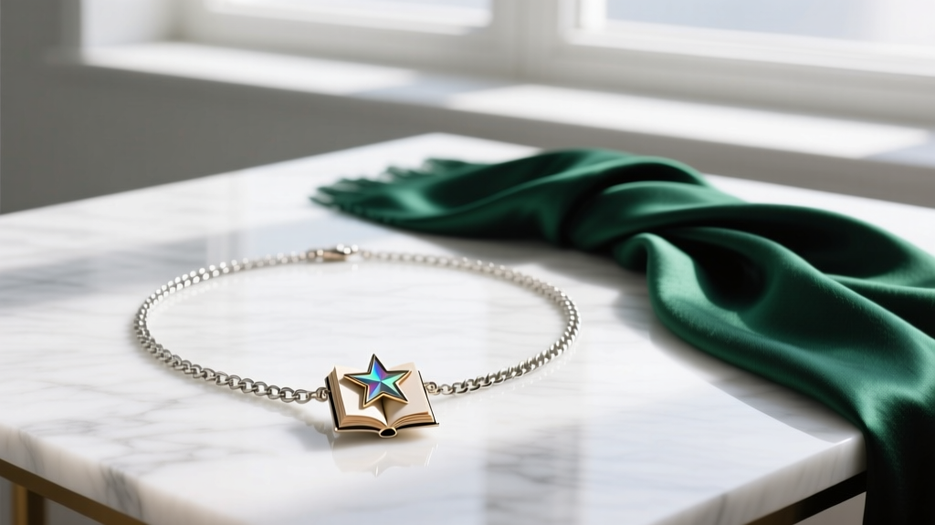 Flat lay of an 18-inch rolo chain necklace with a miniature star book pendant, styled next to a silk scarf on a marble table